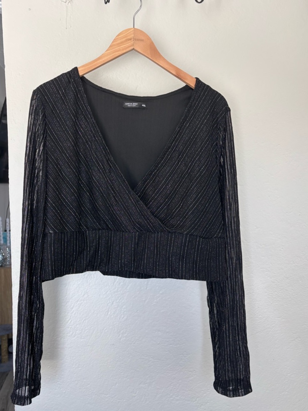 ✨ 3/$30 ✨ SHEIN Curve Black Shimmer Wrap Crop Top | Glitter Long Sleeve | 4XL